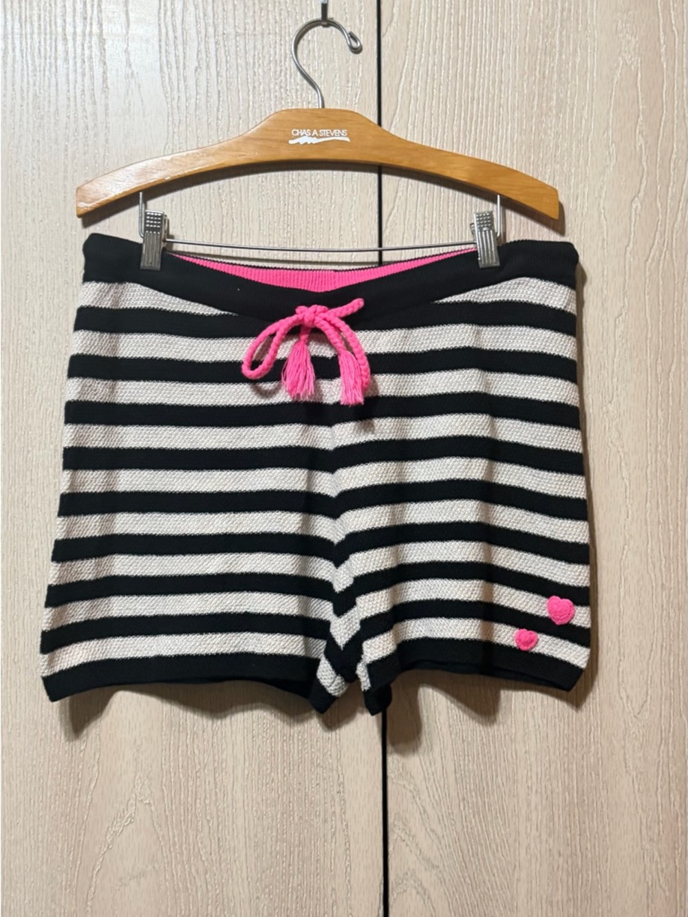 Lisa Todd Black & White Striped Knit Shorts with Pink Drawstring